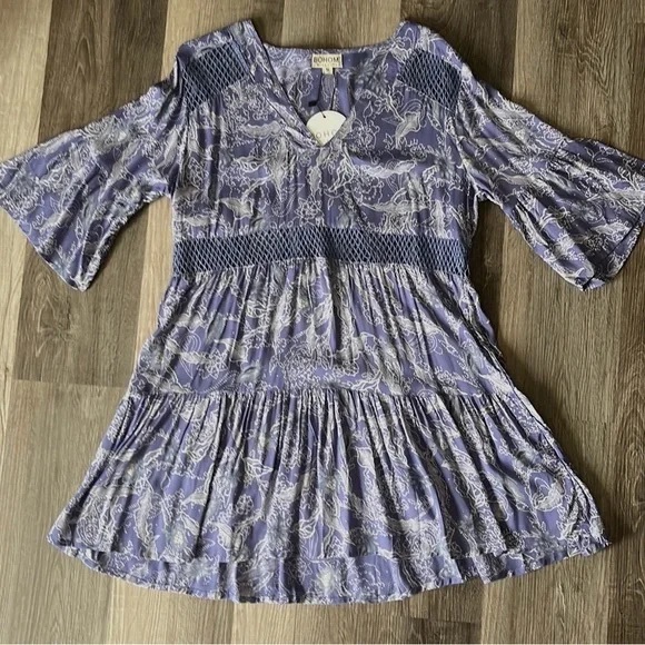BOHO ME Blue Vine Printed Lace Inset Bell Sleeve Mini Dress - Picture 3 of 3